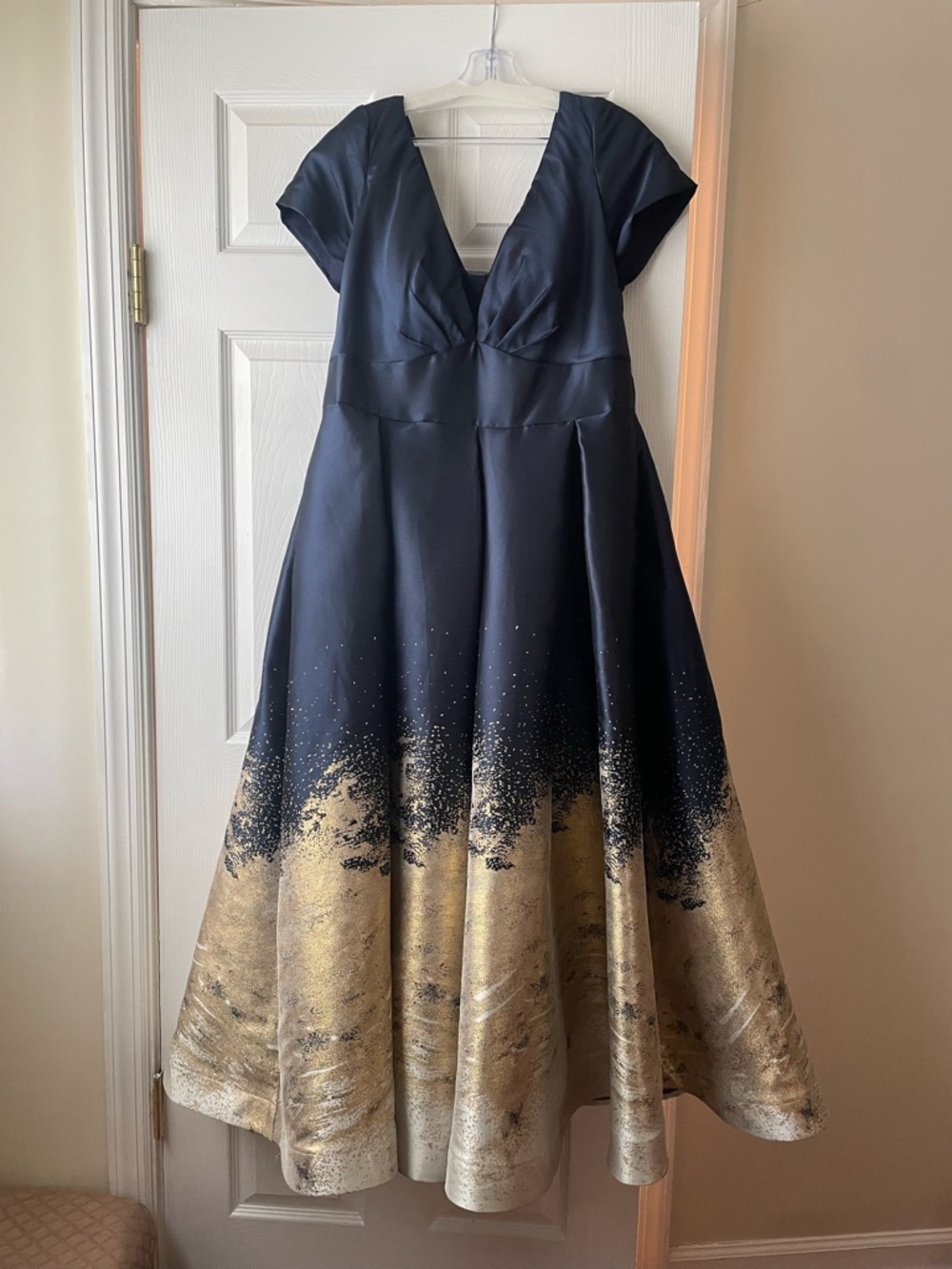 Navy and Gold Fit-and-Flare Evening Dress
